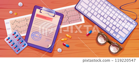 Doctor desk top view with computer keyboard 119220547