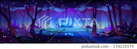 Stone platform with neon glow in forest 119220574