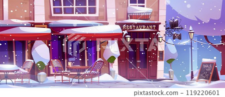 Winter city street with restaurant facade Winter city street with restaurant facade 119220601