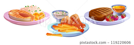 Meat and fish dishes set isolated on white Meat and fish dishes set isolated on white 119220606