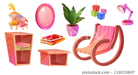 Pink kid girl room interior and furniture cartoon Pink kid girl room interior and furniture cartoon 119220607