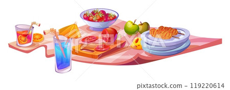 Spring picnic food on blanket for park lunch scene 119220614