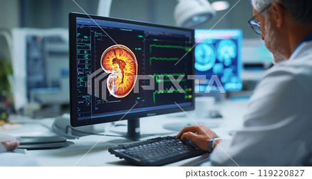 Urology and treatment of kidney disease. Doctor analyzing of patient kidney health on screen. Health care concept. 119220827