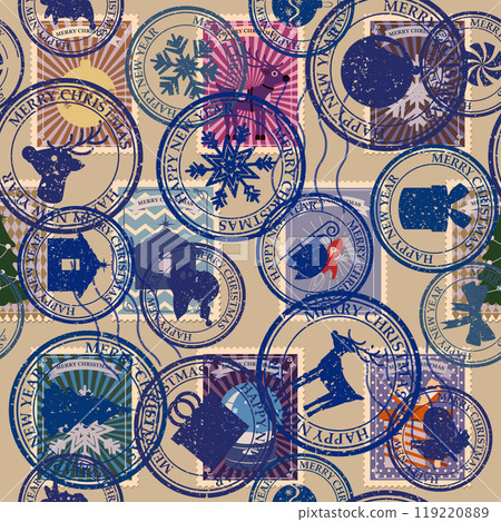 Christmas retro postal stamp seamless pattern old postage stamps 119220889