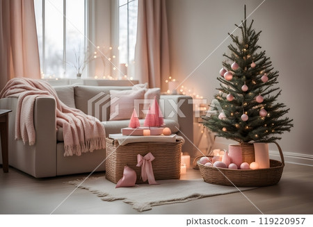 Scandinavian Christmas Living Room Featuring a Christmas Tree, Presents 119220957