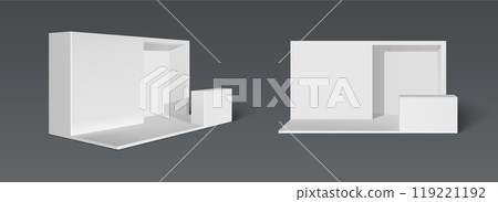 White booth stand with platform for goods display. 119221192