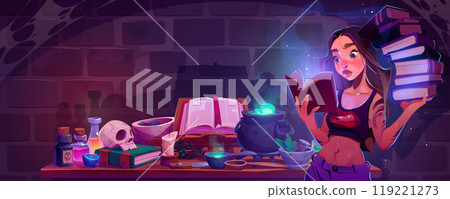 Young witch cooking potion in old dungeon 119221273