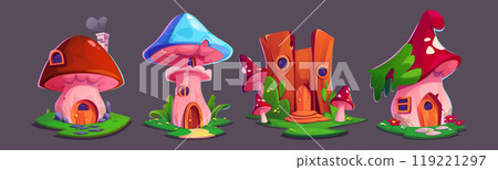 Elf or animal house in mushrooms and tree stump Elf or animal house in mushrooms and tree stump 119221297