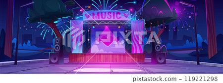 Event with music festival in city park at night. 119221298