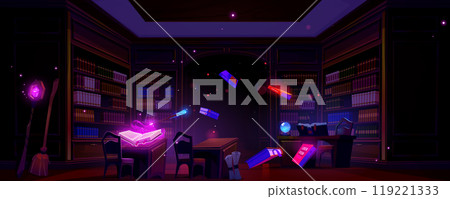 Magic library with flying glowing books 119221333