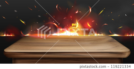 Wooden table on flame and smoke background 119221334