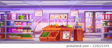 Supermarket interior with grocery products Supermarket interior with grocery products 119221345
