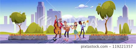 Street band performing in city park 119221357