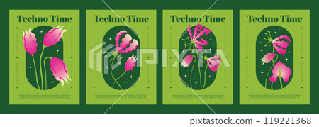 Set of y2k groovy posters with floral design 119221368