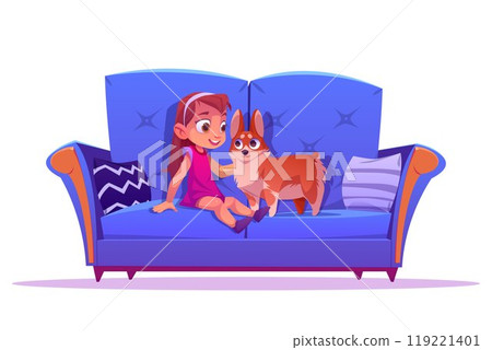 Happy girl child with dog pet on couch cartoon 119221401