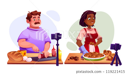 Male and female bloggers cooking food on camera 119221415