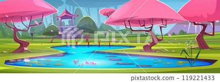 Japanese city park with pink sakura trees and pond Japanese city park with pink sakura trees and pond 119221433