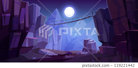 Rope bridge between cliffs in night mountains 119221442