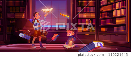 Girl kid in school magic library read book story 119221443