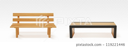 Wooden park or backyard bench front view. 119221446