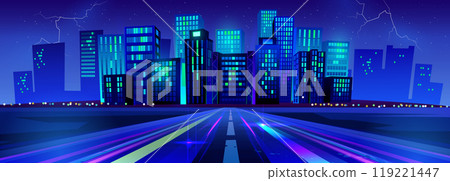 Night neon light from future city building on road 119221447