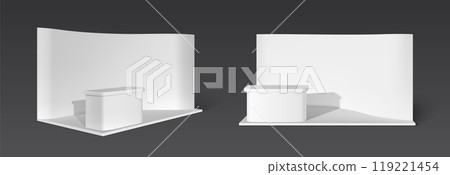 White booth stand with platform for goods display. 119221454