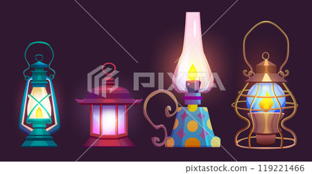 Old oil and gas lamp with flame. 119221466