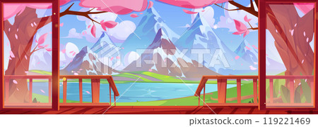 View on japanese garden from wooden terrace. View on japanese garden from wooden terrace. 119221469