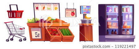Supermarket interior equipment and furniture. 119221497