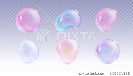 3d pink soap ball. Realistic rainbow water bubble 119221528
