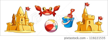Sand castle, bucket toy and shovel on beach vector 119221535