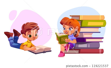 Kids reading books at library or home. 119221537