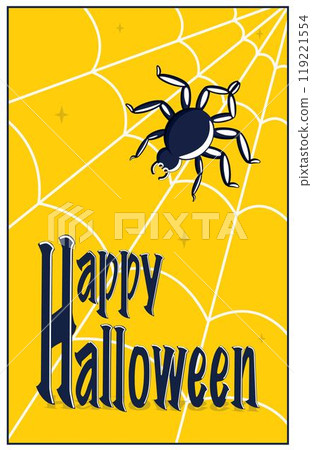 The inscription Happy Halloween with cobwebs and spiders on a yellow background 119221554