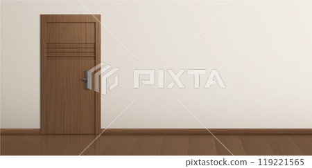 Brown wooden closed door with wall and floor. Brown wooden closed door with wall and floor. 119221565