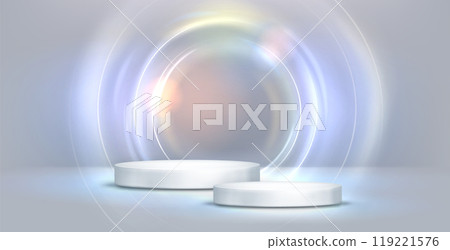 White cylinder podium with light neon circle 119221576