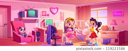 Girl in pink kid bedroom play with friend vector 119221586