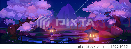 Night Japanese pond and cherry tree background 119221612