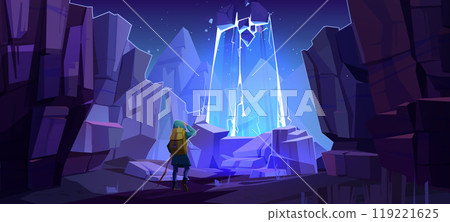Traveler looking at neon cracked cliff wall Traveler looking at neon cracked cliff wall 119221625