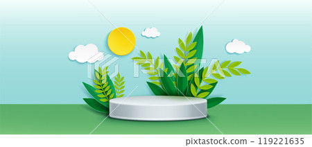 Cylinder product podium with paper cut green leaf Cylinder product podium with paper cut green leaf 119221635