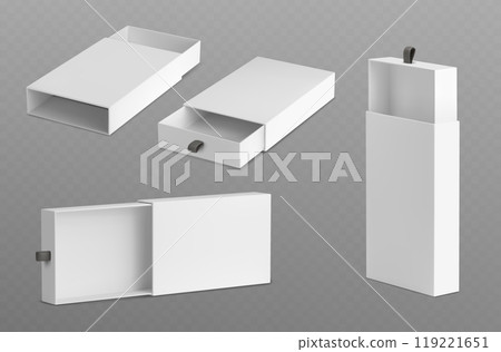 White empty open slide box with ribbon puller. White empty open slide box with ribbon puller. 119221651