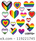 Set of LGBTQ pride flag rainbow colours hearts 119221745