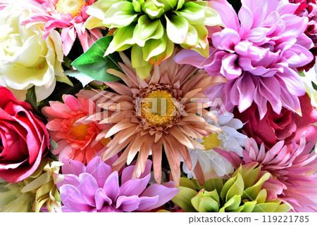 Colorful bouquet of artificial flowers 119221785