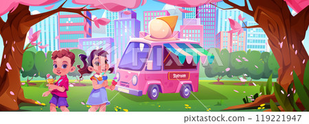 Kids eating ice cream in waffle cone. 119221947