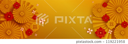 Golden Chinese background with paper fan, flowers. 119221958
