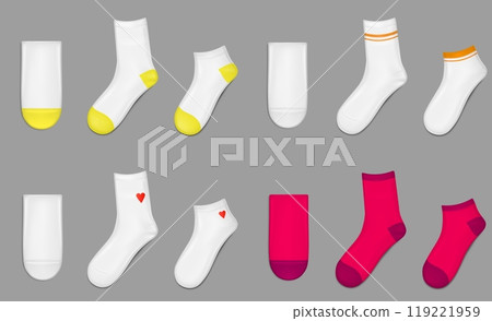 Socks realistic mockup red and white with decor. 119221959