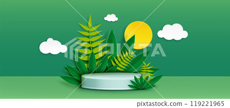 3d green product display podium with leaf plant 119221965