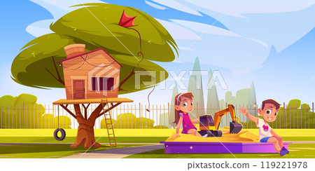 Backyard with kids in sandbox near house on tree Backyard with kids in sandbox near house on tree 119221978