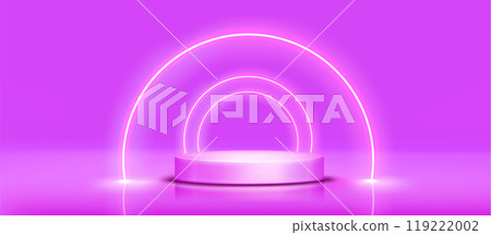 Round podium with neon light arch on purple 119222002