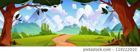 Mountain valley landscape with forest footpath Mountain valley landscape with forest footpath 119222010