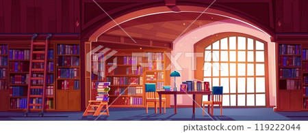 Public library with many books on shelves 119222044